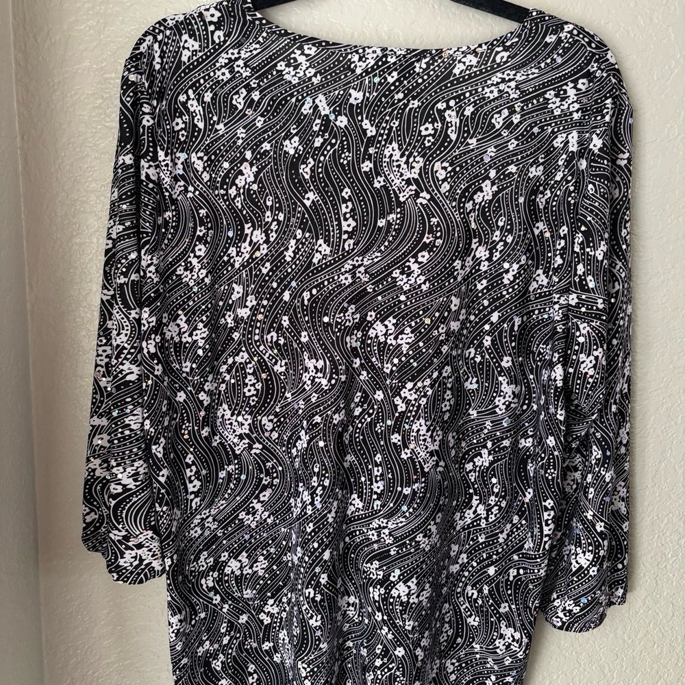 Cathy Daniels Women's L Black/White ¾ Sleeve Blouse‎ Round Neck Sequined - Picture 6 of 10